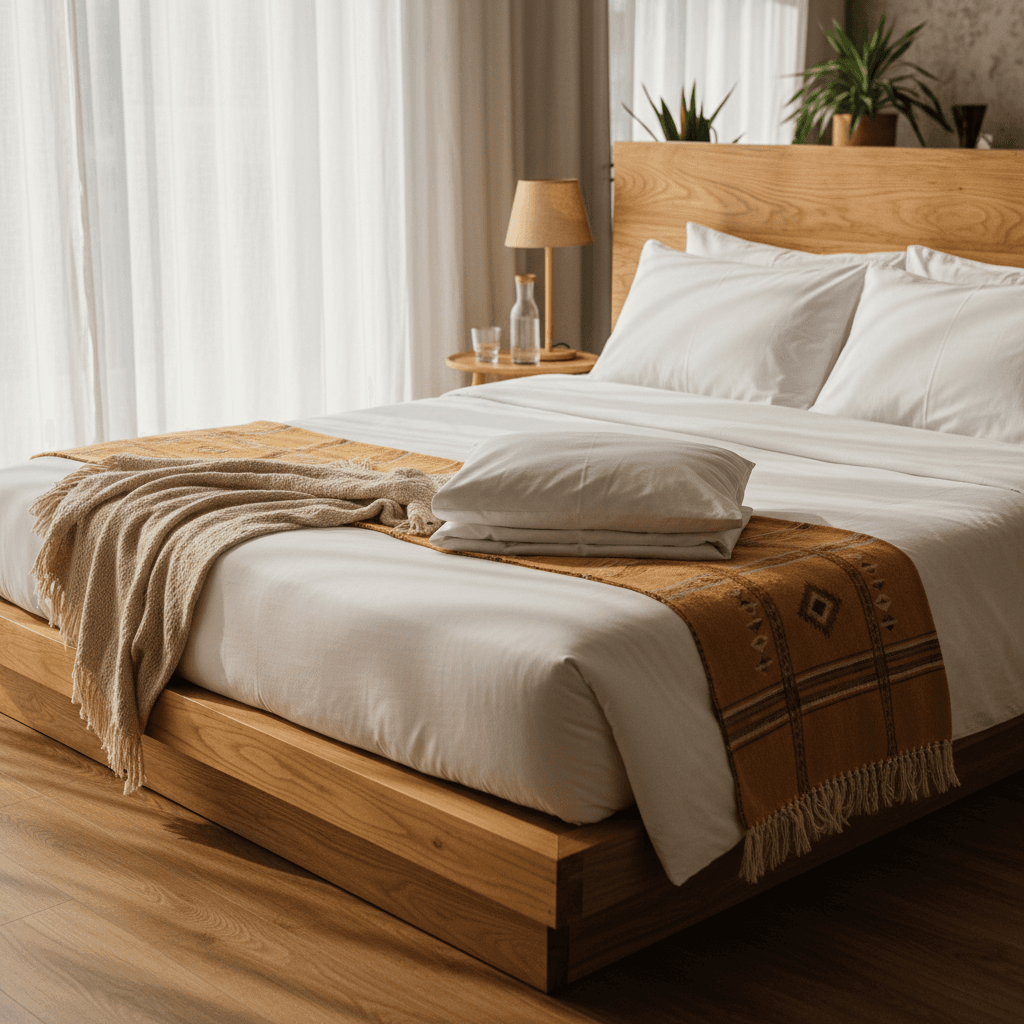 Double bed with soft linens in natural light