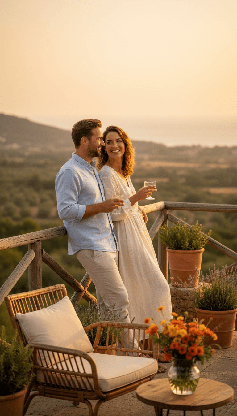 Couple enjoying the outdoor dining area at Thronos